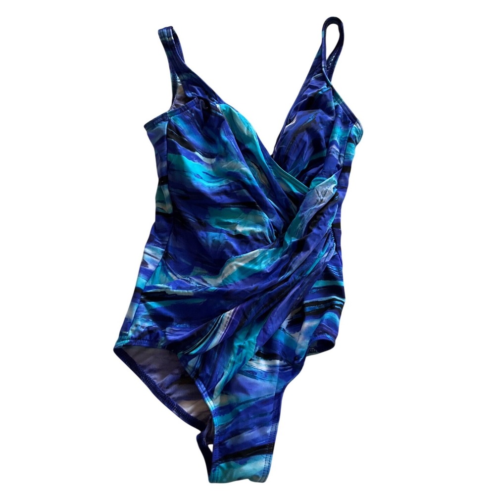 Miraclesuit One Piece Swimsuit Womens 10 Blue Abstract Surplice Ruched Slimming
